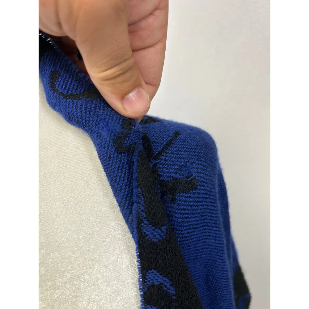 Designer Gianni Versace Unisex OS Blue Black Wool Logo Jacquard Fringed Scarf
